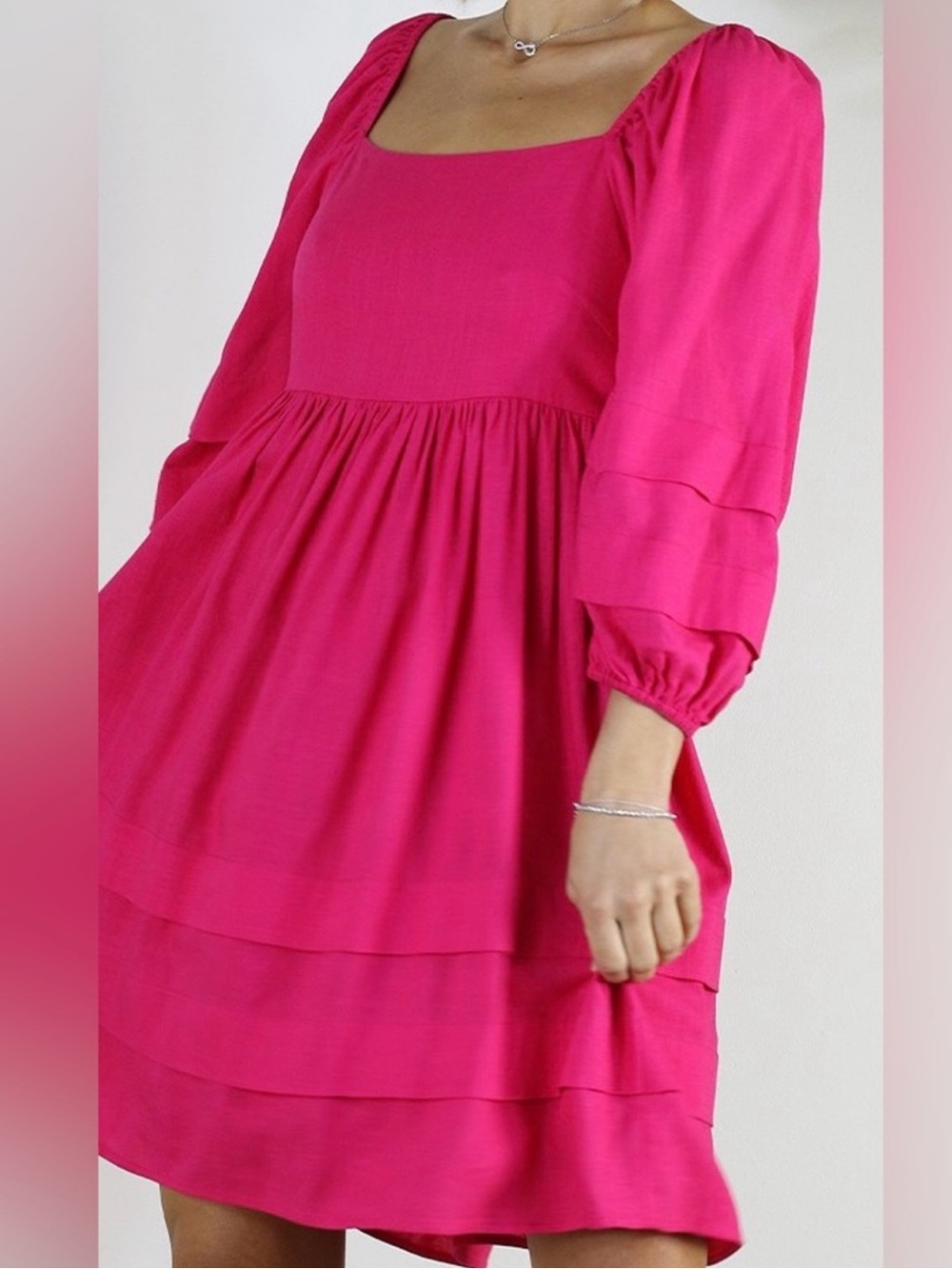 MULLA Bright Pink Puff Sleeve Square Neck Mini Dress